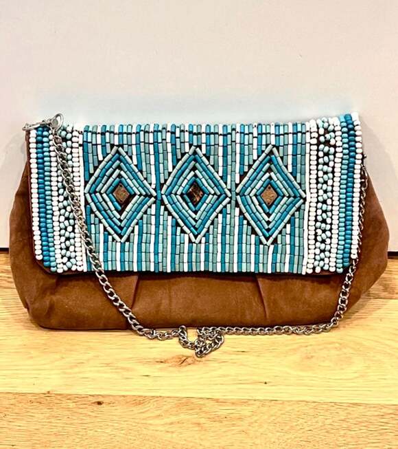 Chico's Handbags - Chico's Brown Faux  Suede Boho Turquoise Beaded Shoulder Bag with Chain Strap